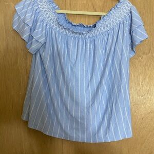 American Eagle Outfitters Blue and White Flutter Sleeve Blouse